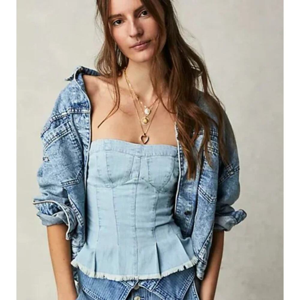 Free People Light Blue Denim Peplum Corset Tank